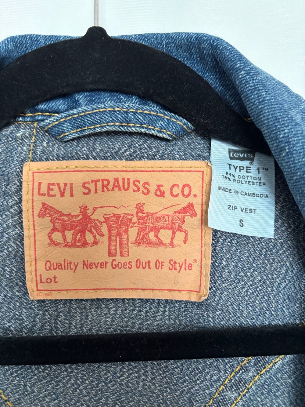 Levi's Blue Denim Zip Vest with Tan Patch - Picture 5 of 9